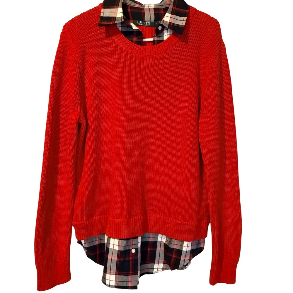 Lauren Ralph Lauren Red Layered Plaid Shirt Sweater L Academia Preppy Heritage